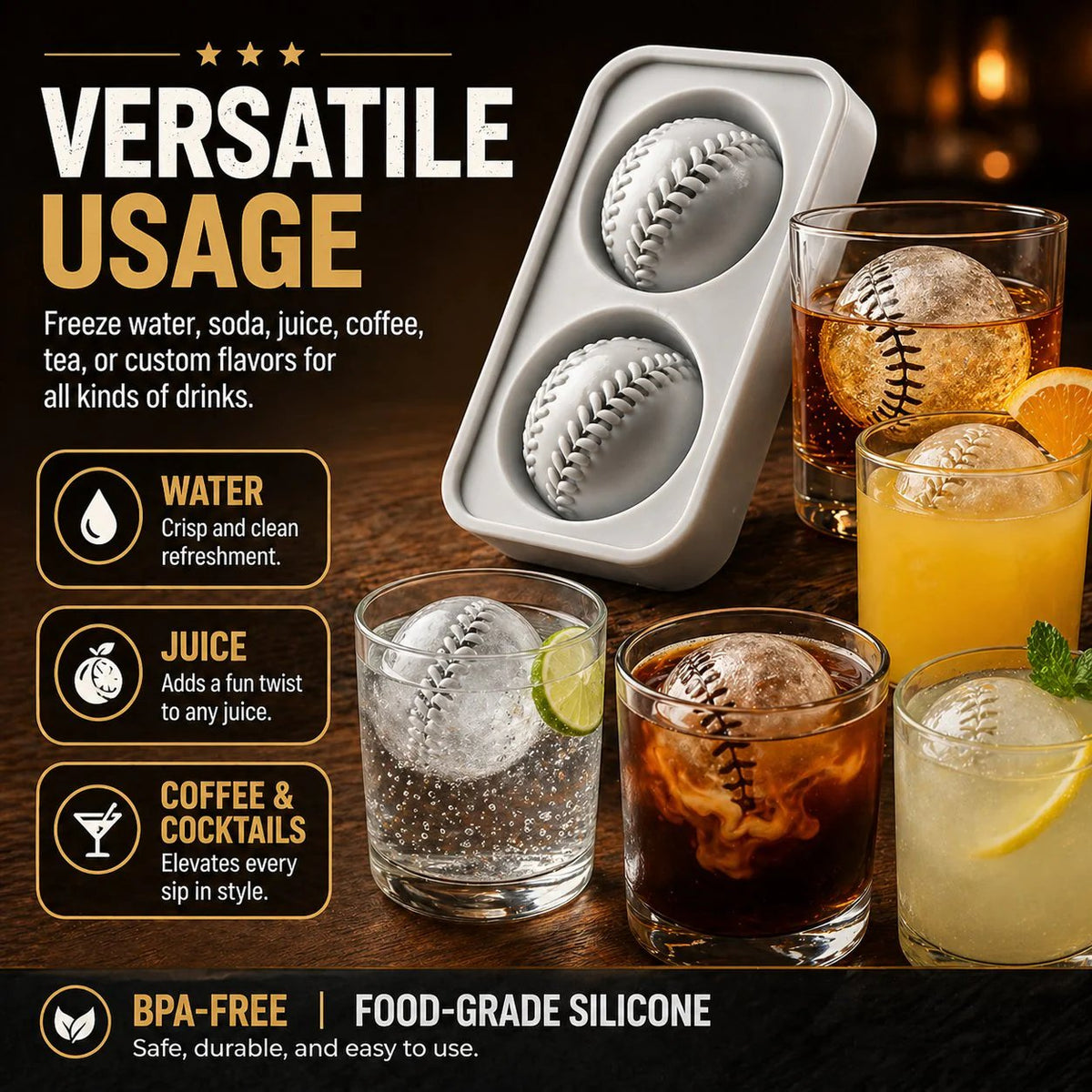 Baseball Ice Mold – Slow‐Melting Silicone Sphere Tray for Whiskey, Cocktails & More ⚾🧊