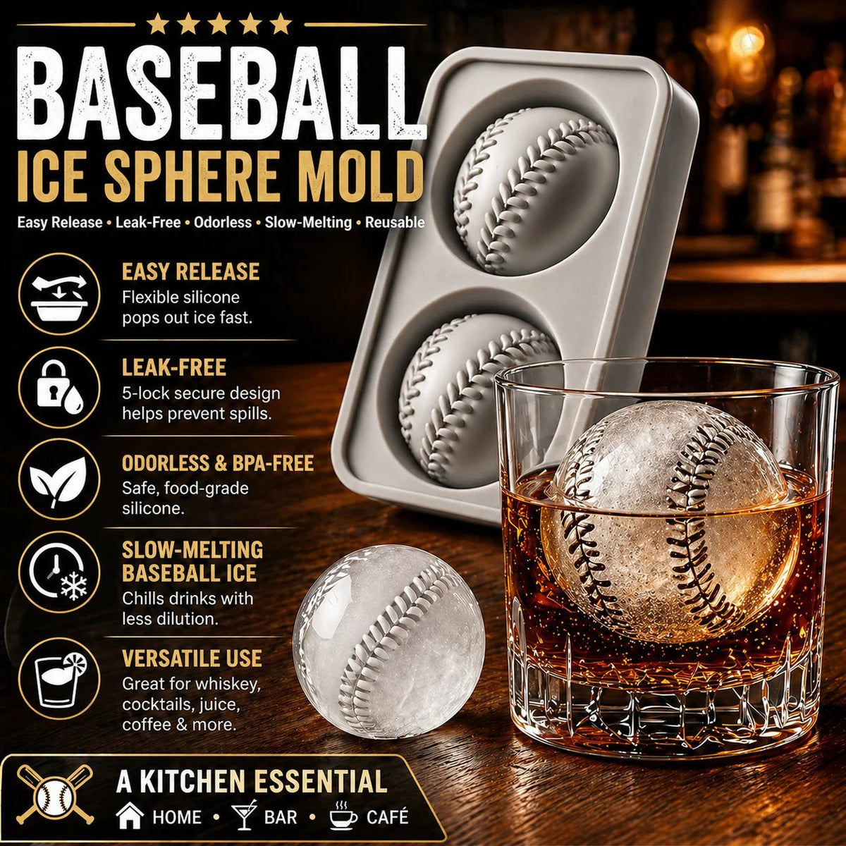 Baseball Ice Mold – Slow‐Melting Silicone Sphere Tray for Whiskey, Cocktails & More ⚾🧊