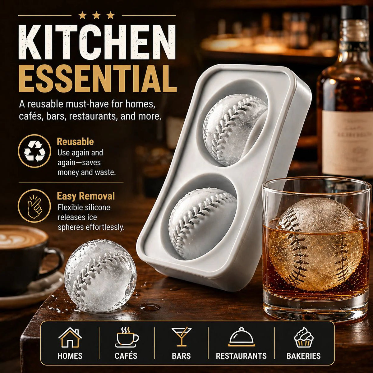 Baseball Ice Mold – Slow‐Melting Silicone Sphere Tray for Whiskey, Cocktails & More ⚾🧊